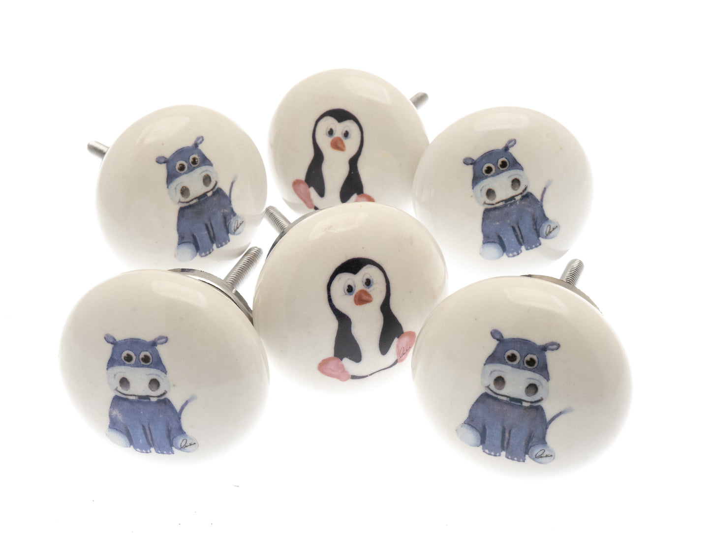 Ceramic Cupboard Door Knobs 'Animal Nursery' Penguin and Hippo Characters (Set of 6)