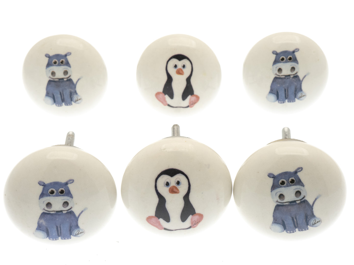 Boutons de porte de placard en céramique « Animal Nursery » Personnages Pingouin et Hippopotame (Lot de 6)