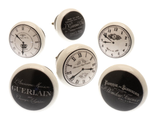 Ceramic Cupboard Door Knobs 'Vintage Clocks' Black and White (Set of 6) EOL-01