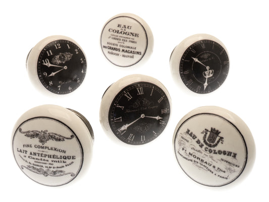 Ceramic Cupboard Door Knobs 'Vintage Clocks' Black and White (Set of 6) EOL-02