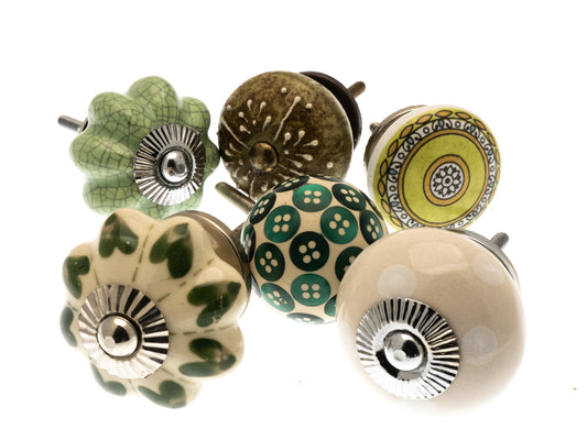 Ceramic Cupboard Door Knobs 'Green and Ivory' (Set of 6) EOL-11