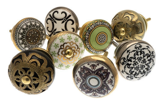 Ceramic Door Knobs in Vintage Mosaic Styles (Set of 8)