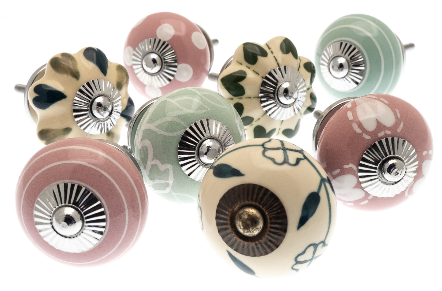 Ceramic Door Knobs Hand Painted in Pastel Pinks and Greens (Set of 8)