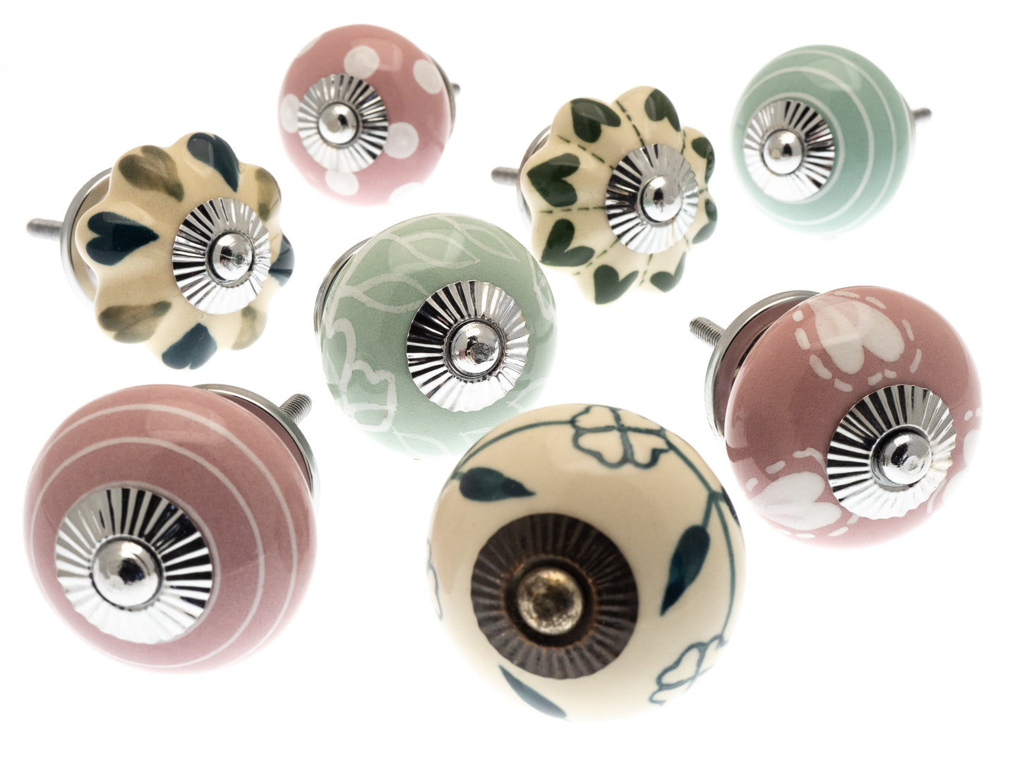 Ceramic Door Knobs Hand Painted in Pastel Pinks and Greens (Set of 8)