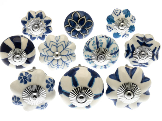 Boutons de porte en céramique Artisan mélangé bleu et blanc (Ensemble de 10)