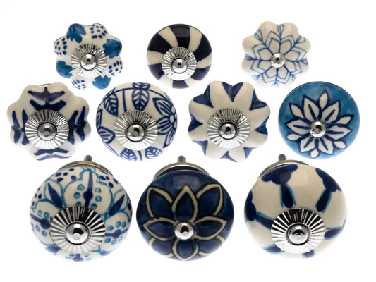 Ceramic Door Knobs Artisan Mixed Blue & White (Set of 10)