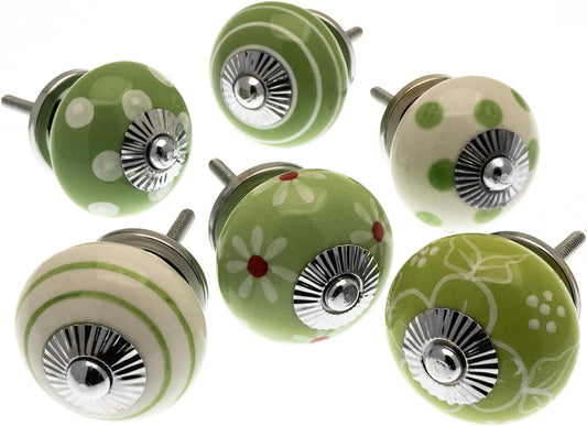 Ceramic Door Knobs in Apple Green and White (Set of 6)