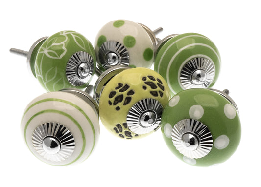 Ceramic Door Knobs in Apple Green and White (Set of 6)