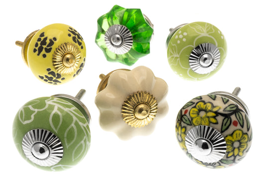 Ceramic Door Knobs Pretty Country Greens and Cream Set of 6