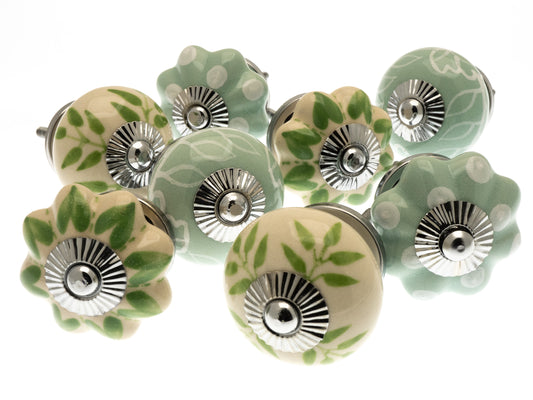 Boutons de placard en céramique menthe, blanc et crème, lot de 8