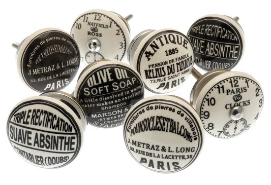 Boutons de porte en céramique sur le thème des vieux signes vintage et de Paris (Ensemble de 8)