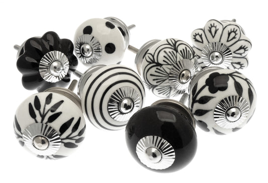 Boutons de porte de placard en céramique avec motifs peints à la main en noir et blanc – Lot de 8