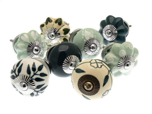 Ceramic Door Knobs Greens Hearts and Teal Set of 8