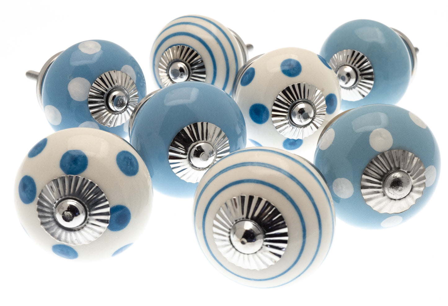 Ceramic Door Knobs in Pale Blue - Hand Painted Dots  (Set of 8)