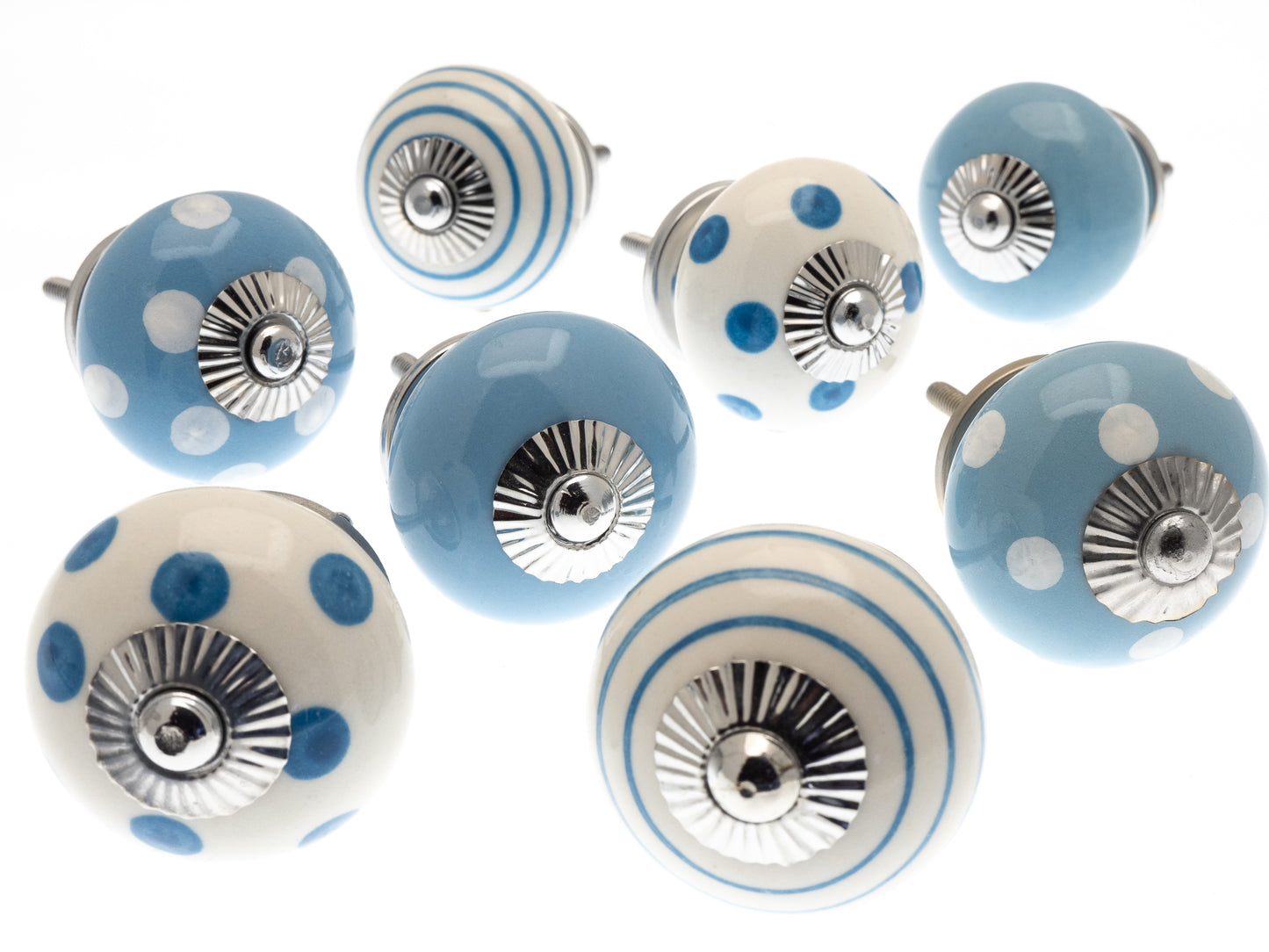 Ceramic Door Knobs in Pale Blue - Hand Painted Dots  (Set of 8)