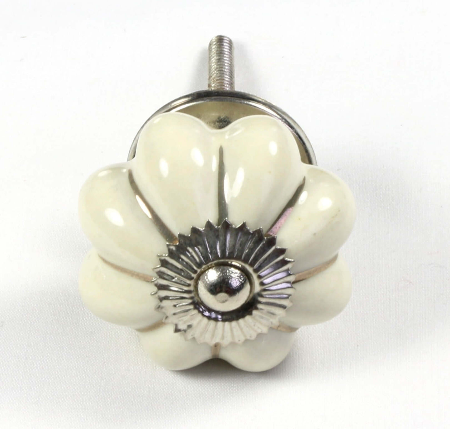 Ceramic Knob Ivory with Silver Lines Flower Shape