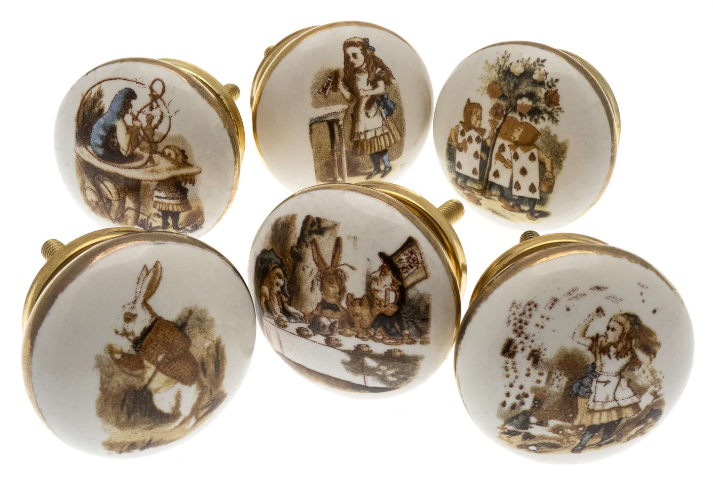 Ceramic Door Knobs Exclusive Alice in Wonderland in Colour with Gold Surround (Set of 6)