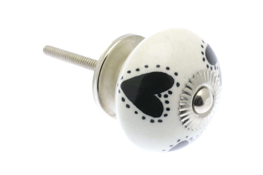 Ceramic Cupboard Knobs - 3 Black Hearts On White 40mm Round Ceramic Cupboard Knob - Chrome Base & Fixings (EF-01-BKW)