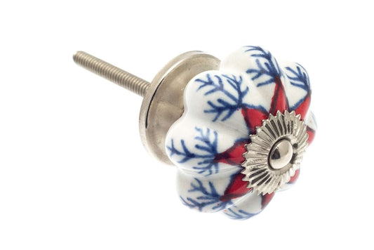 Ceramic Cupboard Knobs - Flower Ceramic Knob White With Red & Blue Motifs 42mm (MT-250)