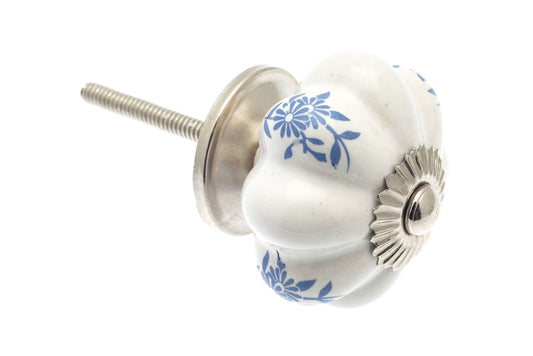 Ceramic Cupboard Knobs - Flower Shaped Ceramic Cupboard Knob White - Blue Flowers 42mm (MT-76)