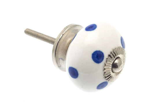 Ceramic Cupboard Knobs - Round Ceramic Cupboard Knob White With Navy Blue Spots 40mm (MT-59)