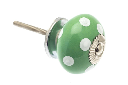 Ceramic Cupboard Knobs - Round Ceramic Knob Green With White Spots / Dots 40mm (MT-336)