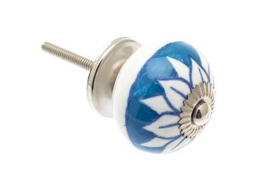 Ceramic Cupboard Knobs - Round Ceramic Knob White With Blue Leaves 40mm (MT-325)